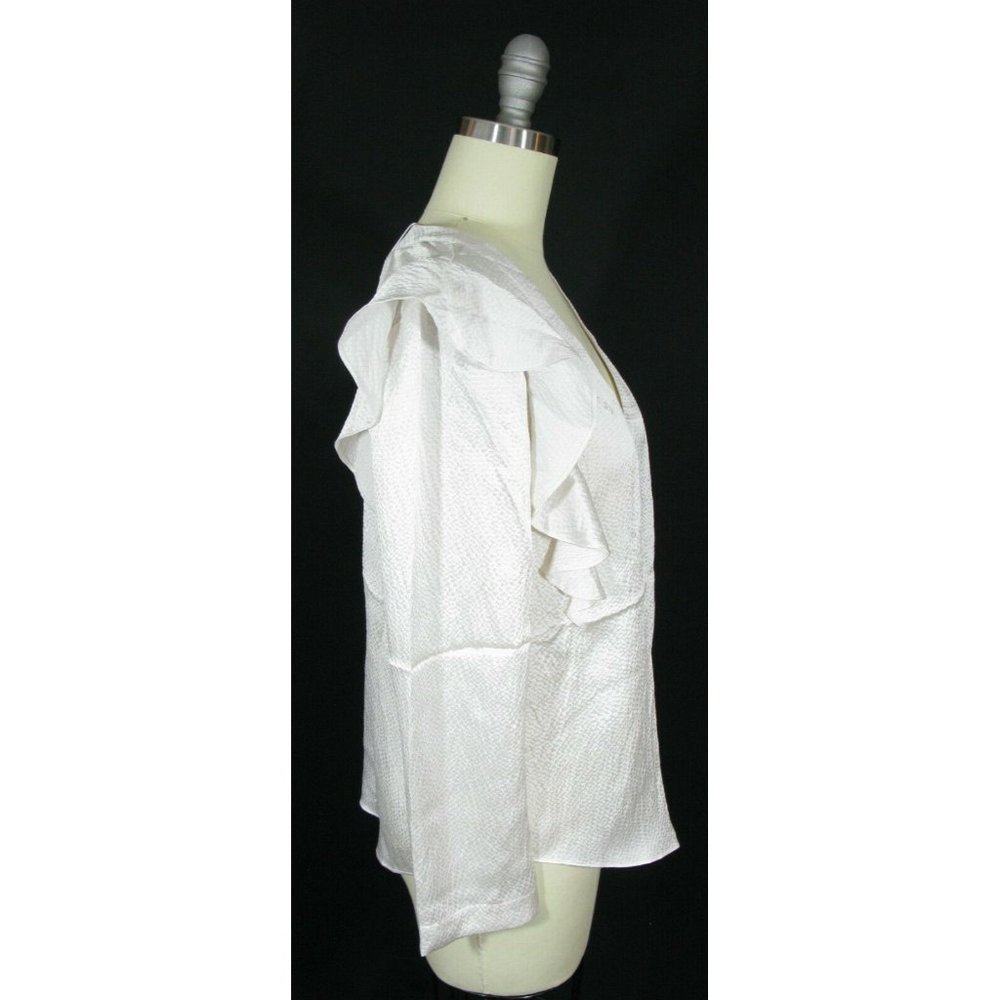 REBECCA TAYLOR Size 2 Ivory Long Sleeve Ruffle Hammered Silk V neck Blouse Top - Picture 2 of 4